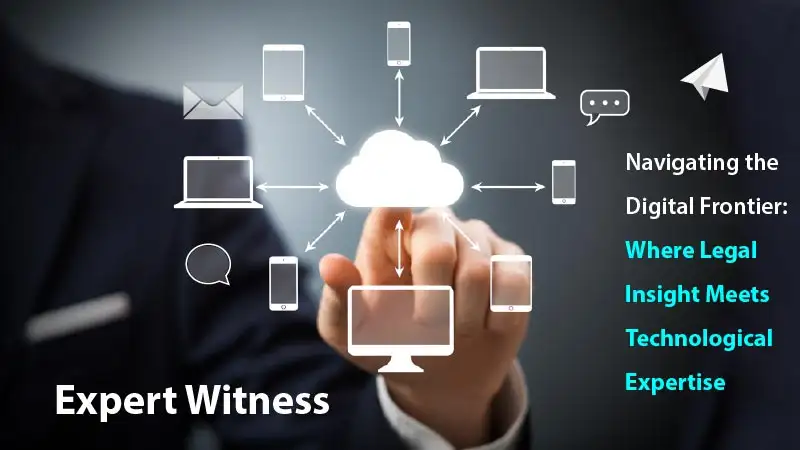Hand of suited man touching screen with mobile device, email, and text message icons and words “Expert Witness” on top.