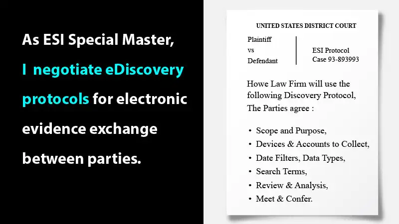 ESI Protocol Pleading Example with Text: 'As ESI Special Master, I Negotiate eDiscovery Protocols for Electronic Evidence Exchange Between Parties'