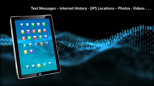 iPad tablet with floating binary code in analysis for spyware and hacking