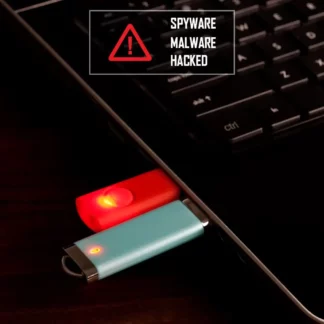 red and blue usb thumb drives plugged into computer with threat of spyware