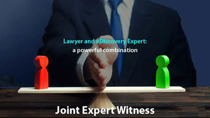 Hand on balanced wooden scales of justice with words 'joint expert witness,' 'lawyer' 'eDiscovery expert' placed on top, symbolizing united legal-tech proficiency for seamless e-discovery.