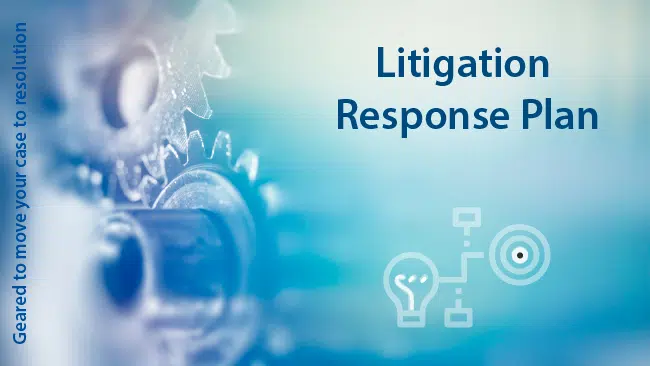 Metal gears on blue background as indicators of a litigation response plan established for litigation to run smoothly.