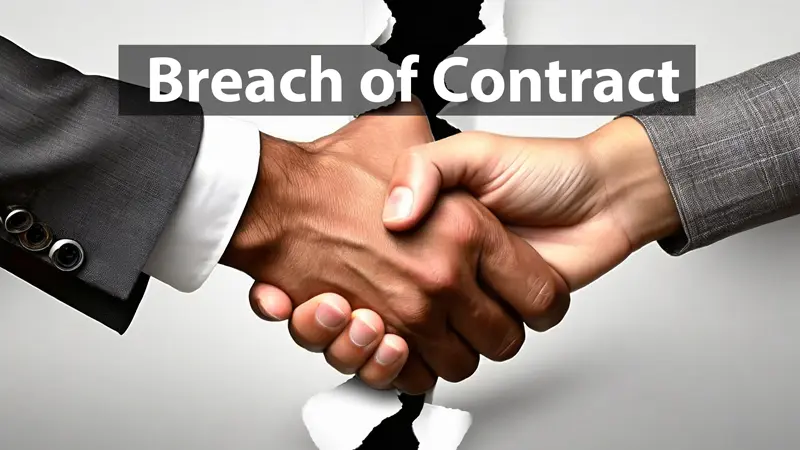 Two hands in a handshake with a torn paper background, overlaid with 'Breach of Contract’.