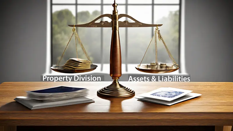 Scale symbolizing the distribution of property, accompanied by overlaid text reading 'Property Division' and 'Assets & Liabilities'."