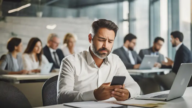 Concerned employee anxiously checking text messages and emails. Office setting in the background with other workers, representing employment disputes and digital forensics.