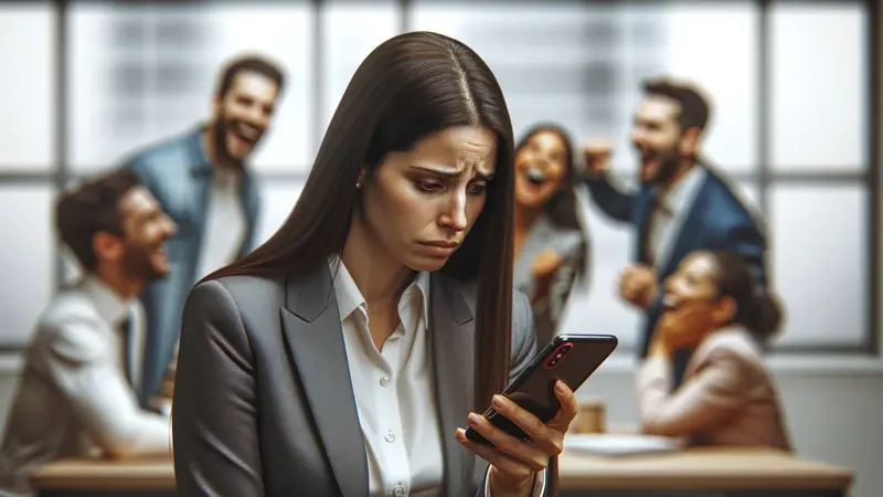 A woman looks down at her phone with distress, while a blurry office scene with laughing people fades in the background. Symbolizes harassment and gender discrimination.