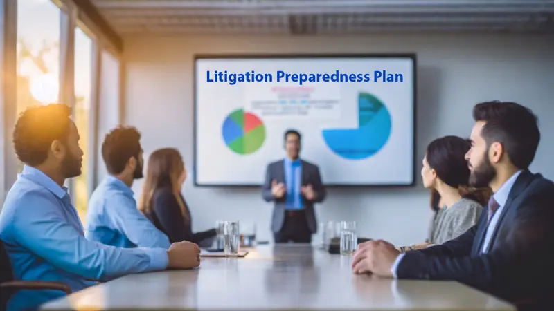 A diverse group of business professionals at a conference table focus intently on a "Litigation Preparedness Plan" presentation displayed on a large digital monitor