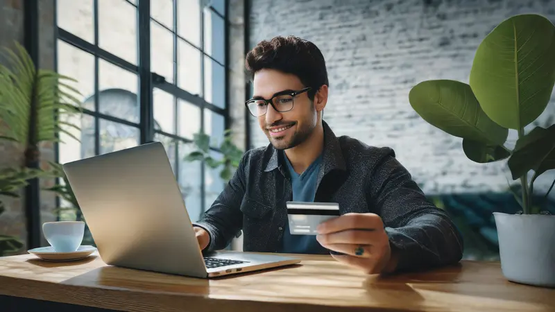 Person completing a transaction on their laptop with credit card.