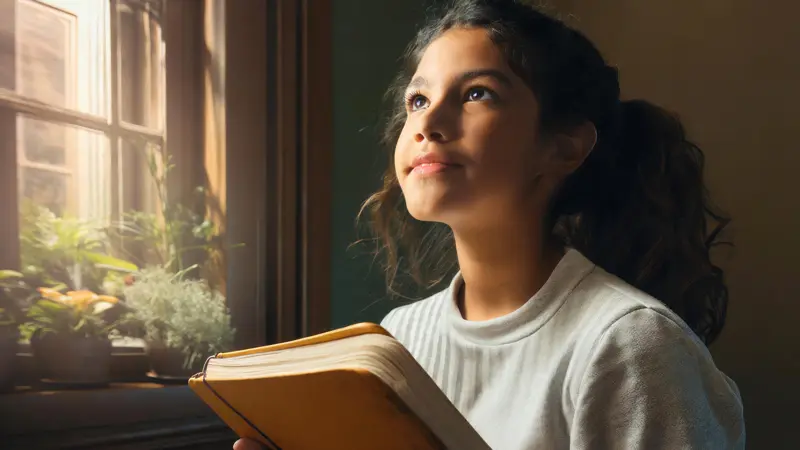 a girl in deep thought and reflection, holding a book, with the soft morning light coming from a window illuminating the scene.