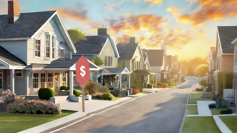 Residential neighborhood with a row of houses along a suburban street, featuring a road sign displaying a dollar sign.